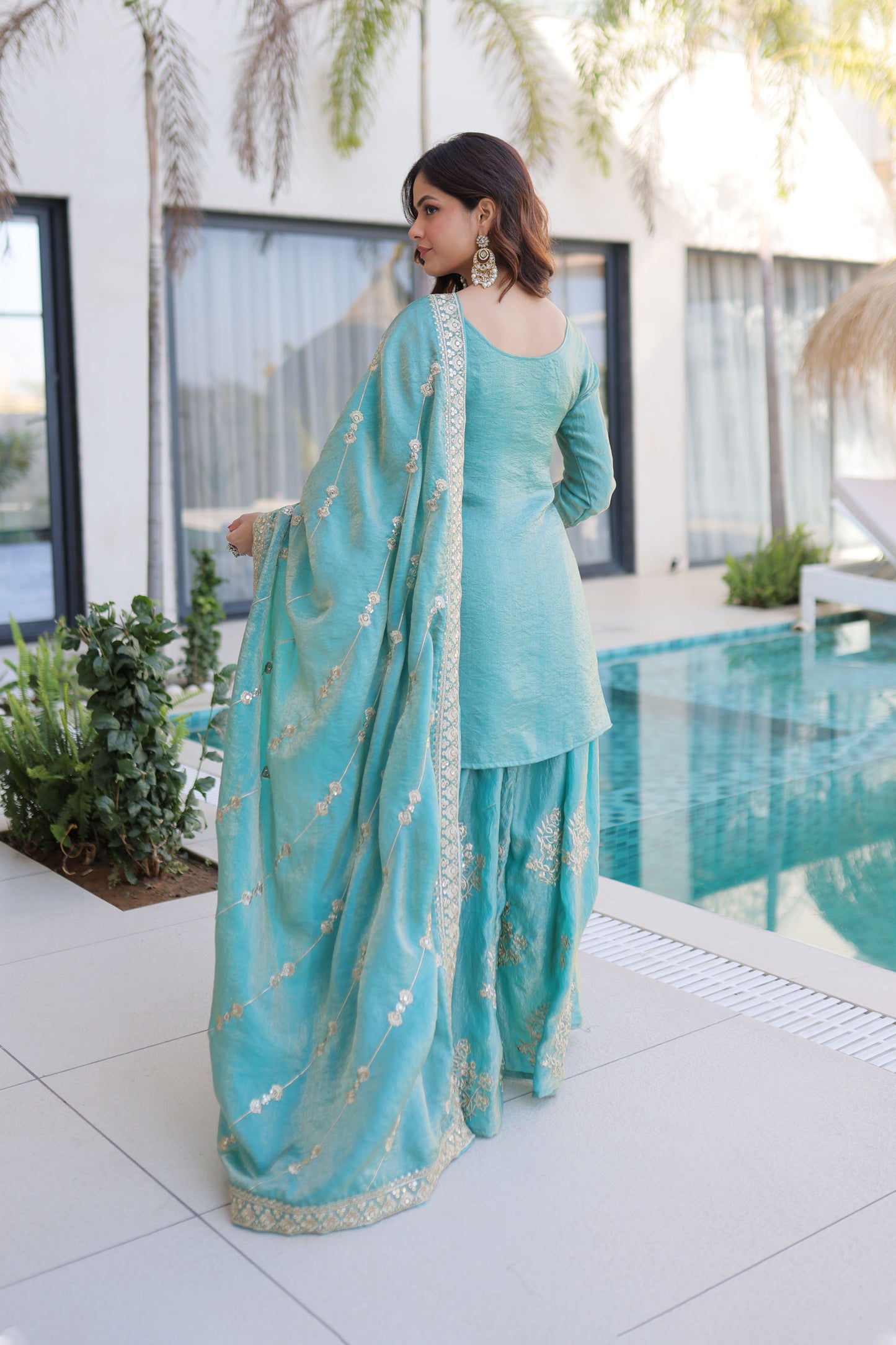 Aqua Blue Embroidered Kurta Sharara Set