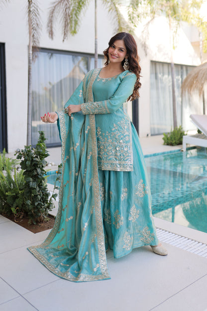 Aqua Blue Embroidered Kurta Sharara Set