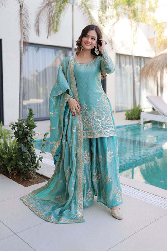 Aqua Blue Embroidered Kurta Sharara Set