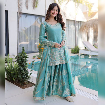 Aqua Blue Embroidered Kurta Sharara Set