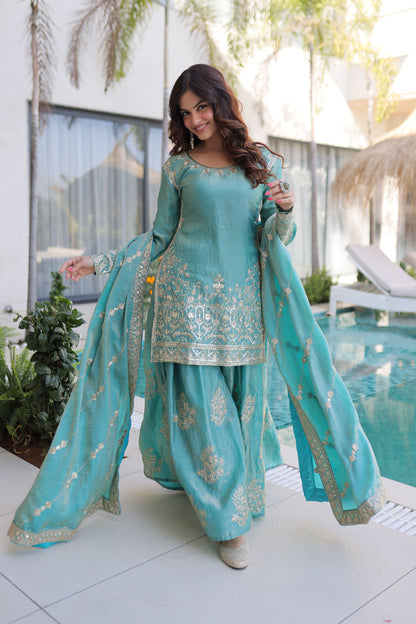 Aqua Blue Embroidered Kurta Sharara Set