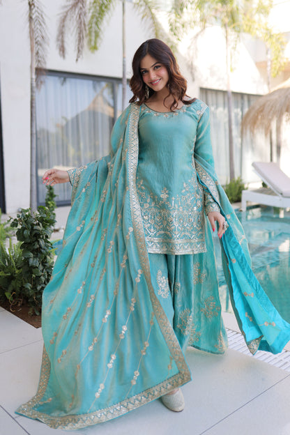 Aqua Blue Embroidered Kurta Sharara Set