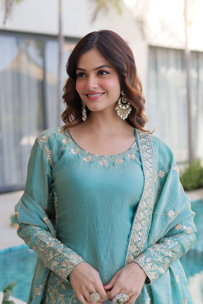Aqua Blue Embroidered Kurta Sharara Set
