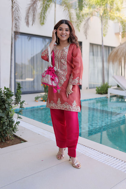 Rangeen Coral Rose Zari-Sequin Coding Embroidery Kurti Set with Potli
