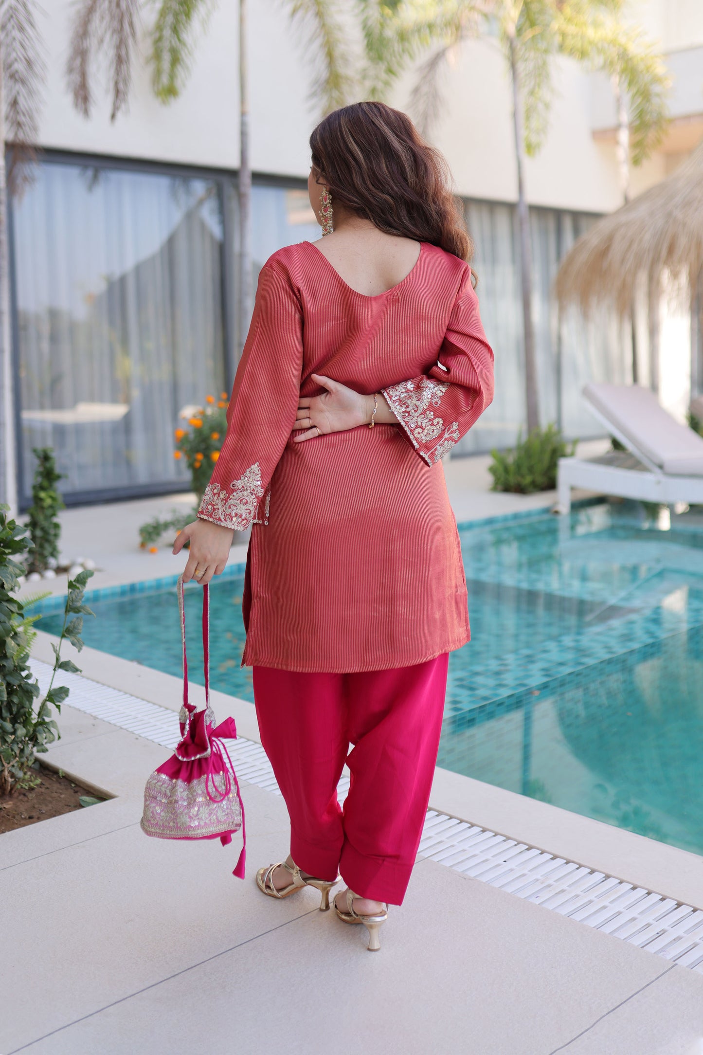 Rangeen Coral Rose Zari-Sequin Coding Embroidery Kurti Set with Potli