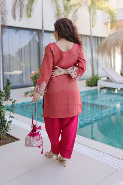 Rangeen Coral Rose Zari-Sequin Coding Embroidery Kurti Set with Potli