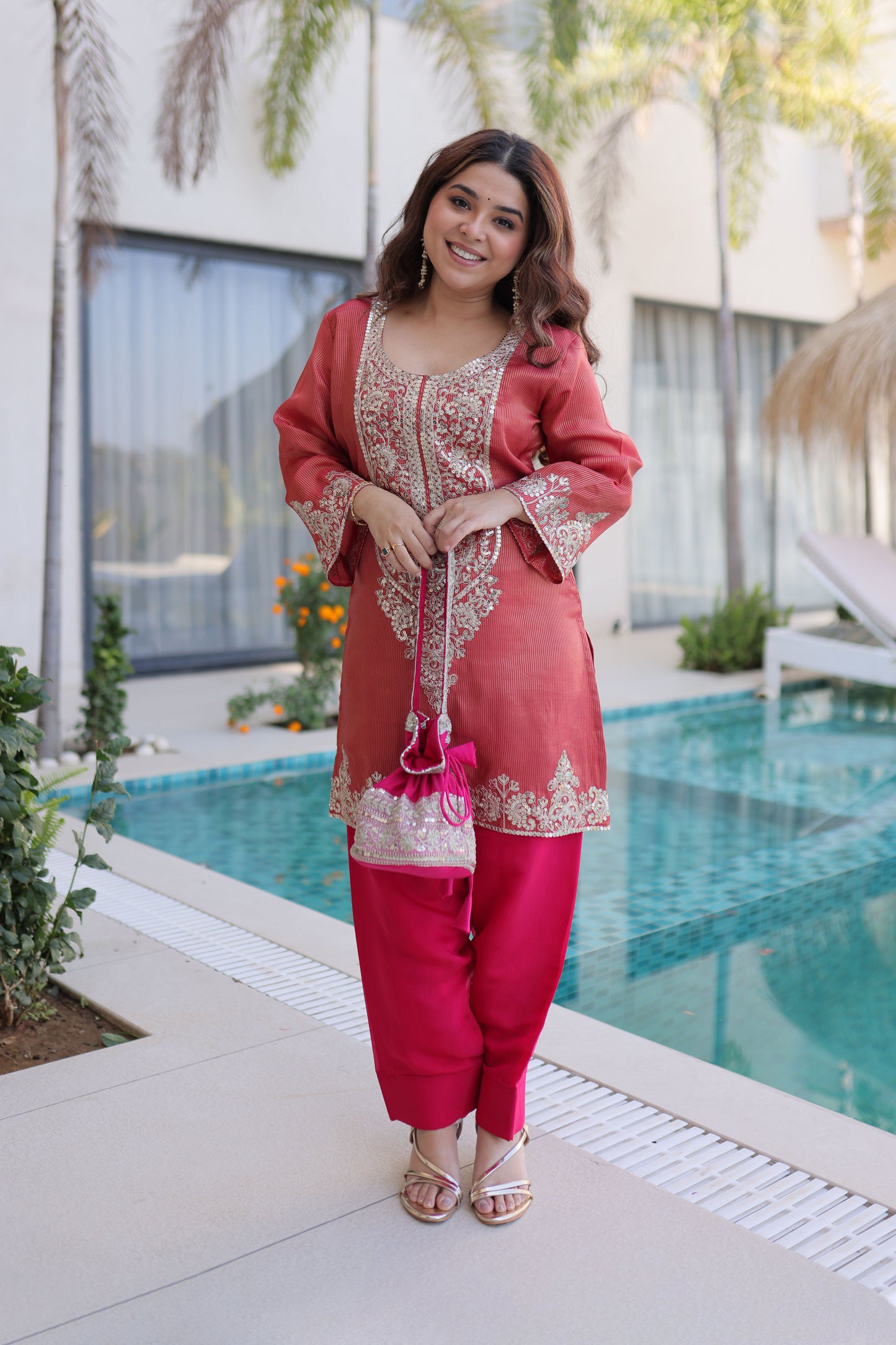 Rangeen Coral Rose Zari-Sequin Coding Embroidery Kurti Set with Potli