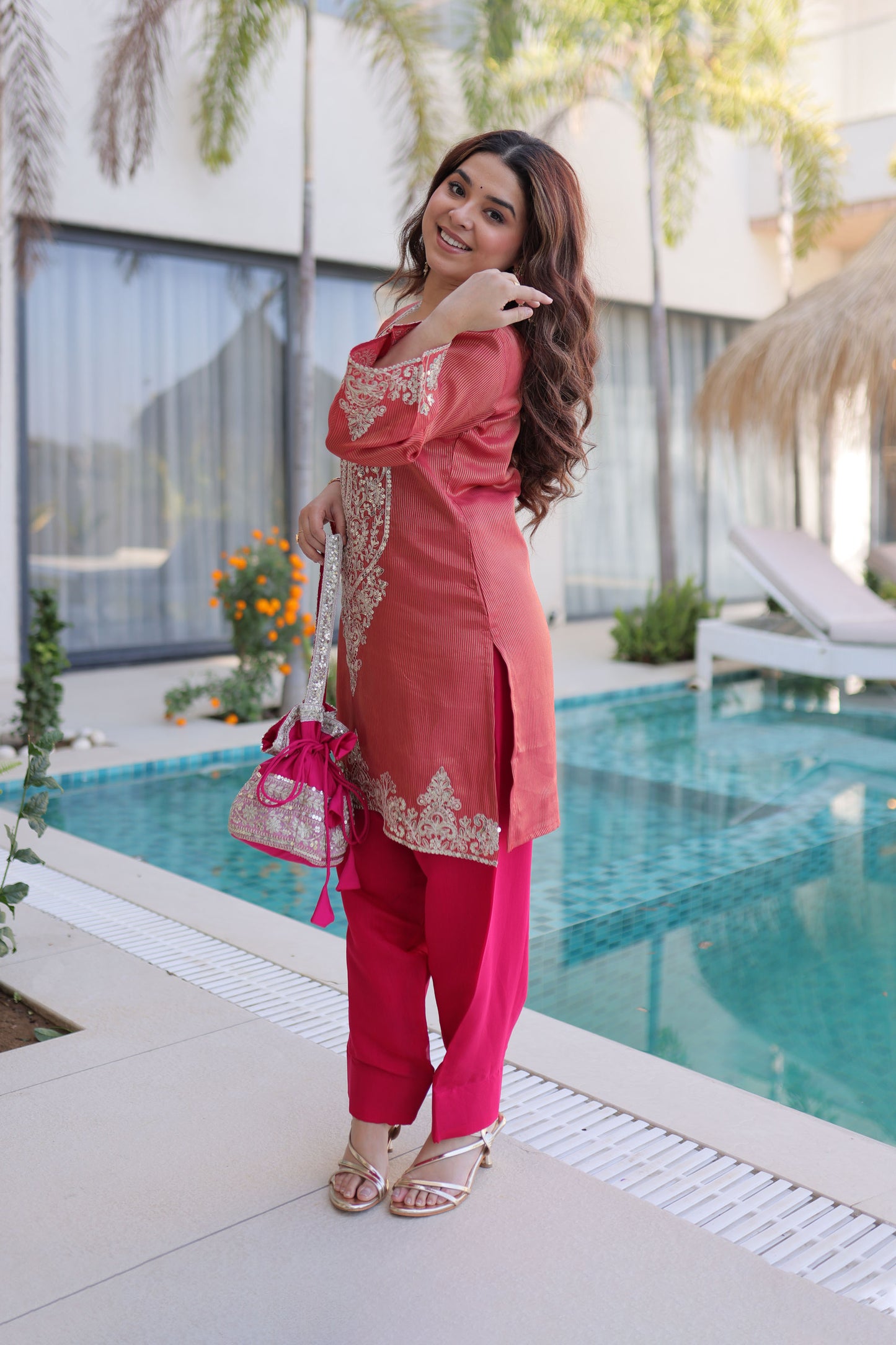 Rangeen Coral Rose Zari-Sequin Coding Embroidery Kurti Set with Potli
