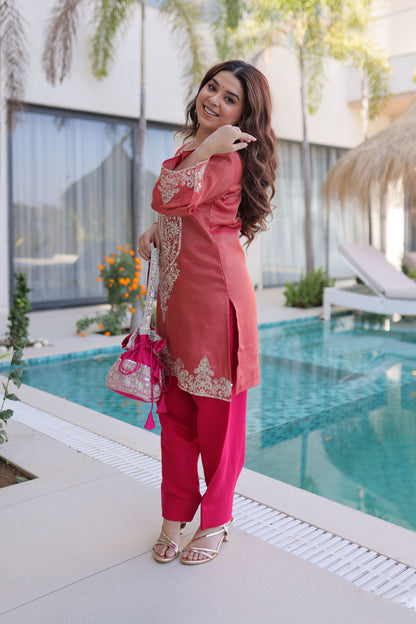 Rangeen Coral Rose Zari-Sequin Coding Embroidery Kurti Set with Potli