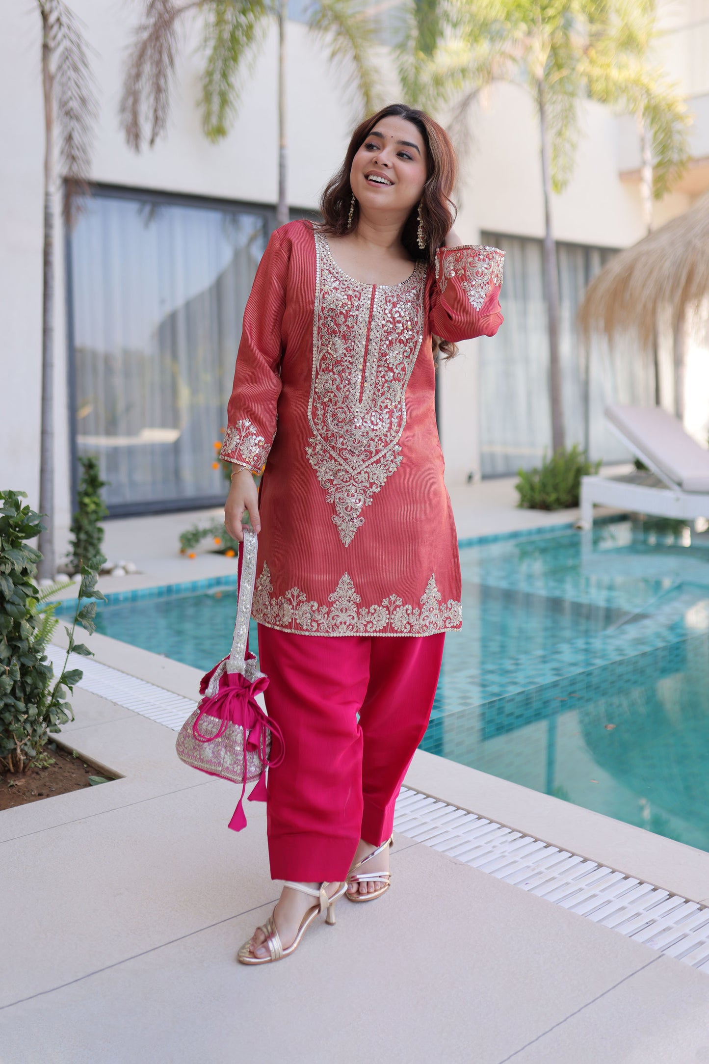 Rangeen Coral Rose Zari-Sequin Coding Embroidery Kurti Set with Potli