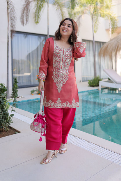Rangeen Coral Rose Zari-Sequin Coding Embroidery Kurti Set with Potli