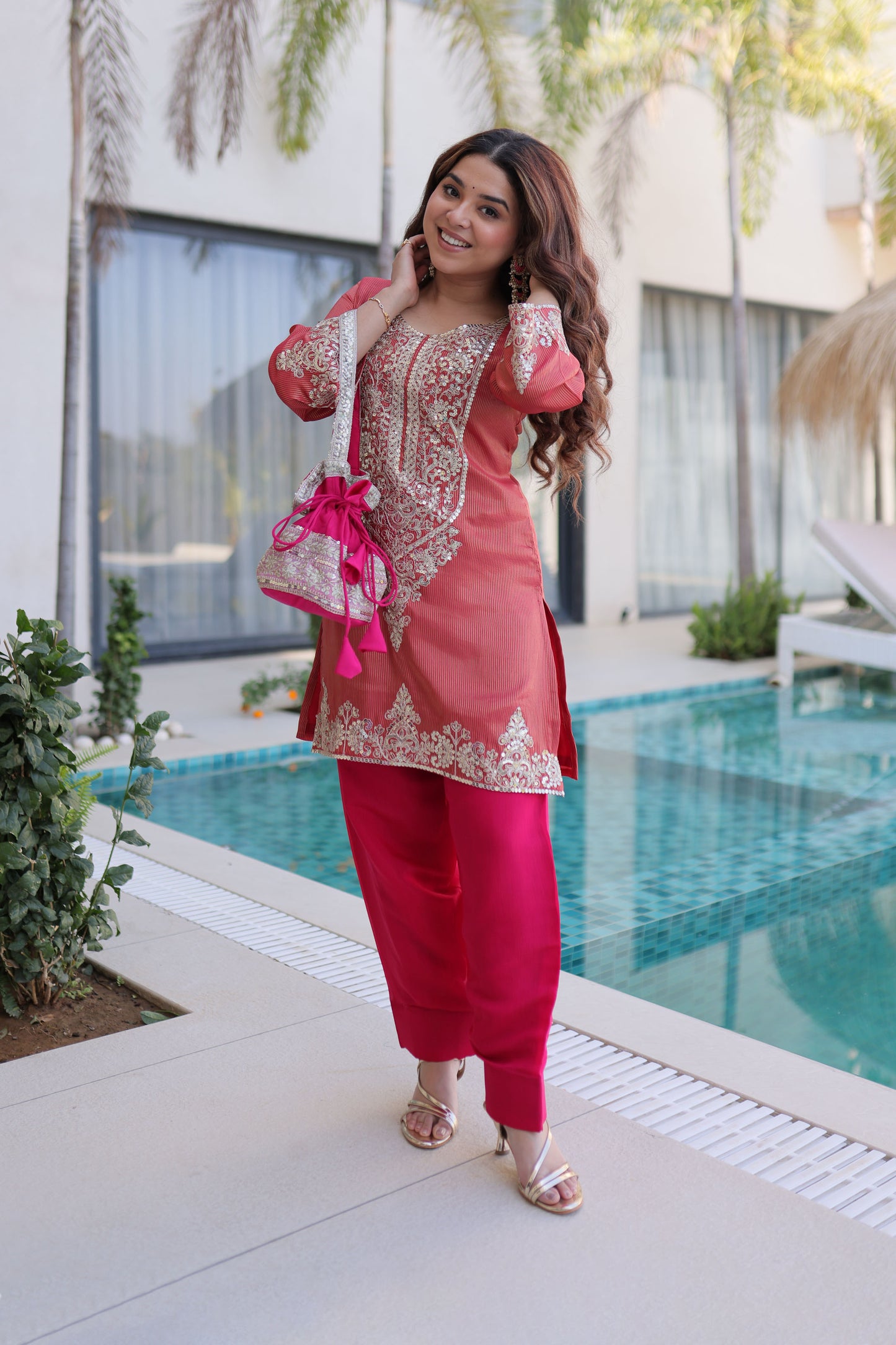 Rangeen Coral Rose Zari-Sequin Coding Embroidery Kurti Set with Potli