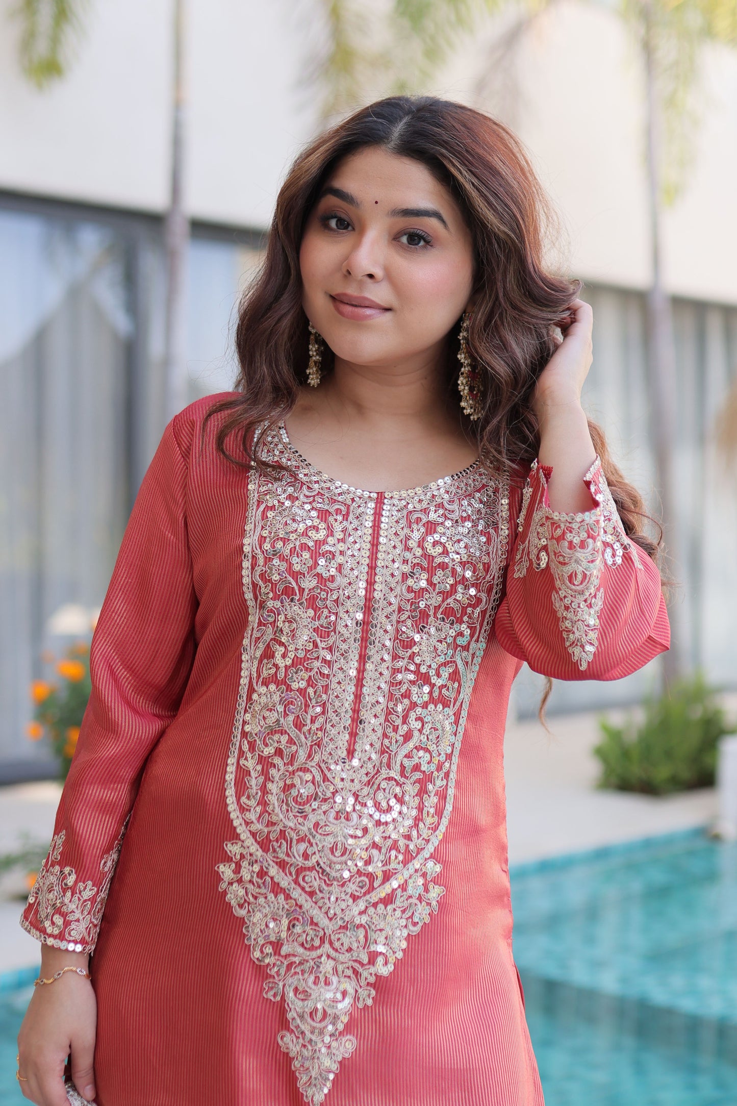 Rangeen Coral Rose Zari-Sequin Coding Embroidery Kurti Set with Potli