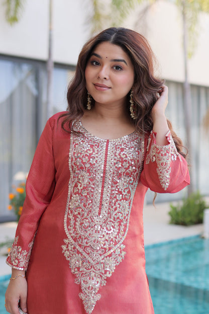 Rangeen Coral Rose Zari-Sequin Coding Embroidery Kurti Set with Potli