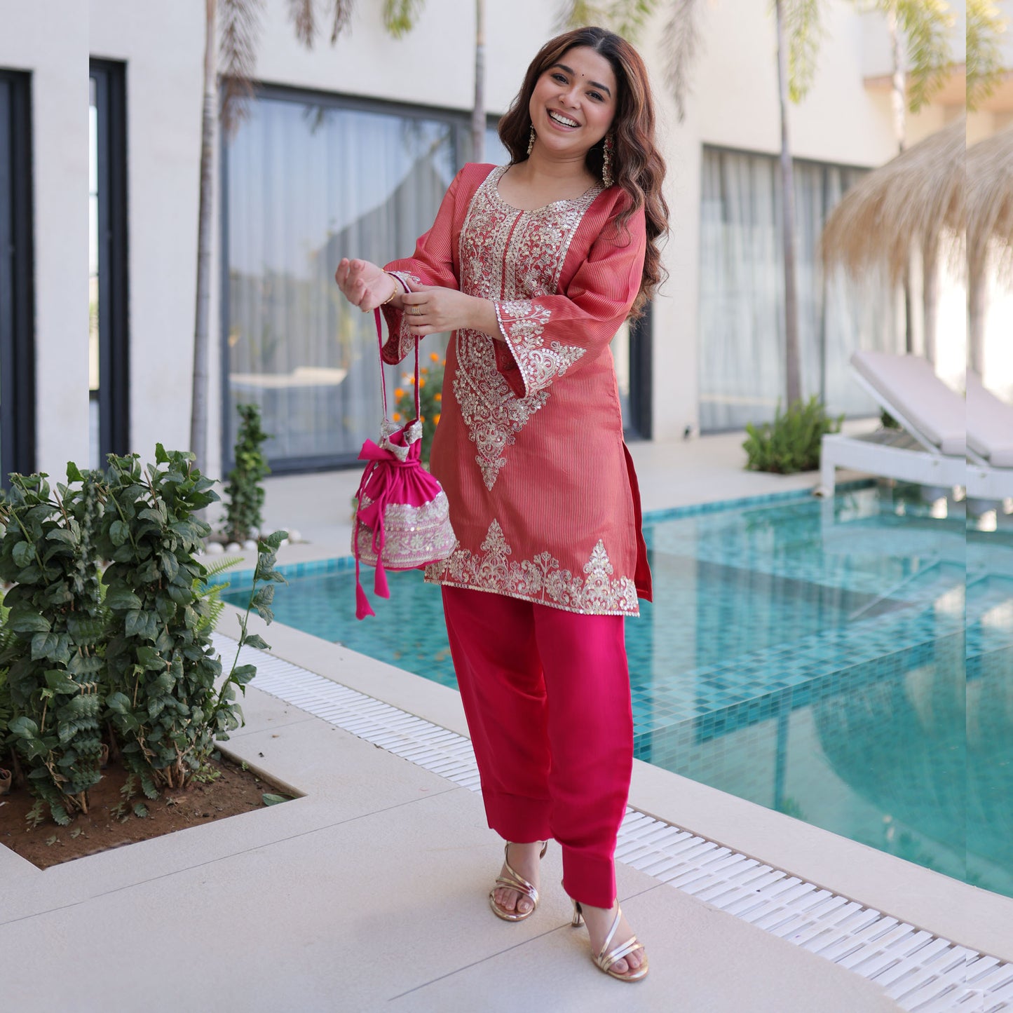 Rangeen Coral Rose Zari-Sequin Coding Embroidery Kurti Set with Potli