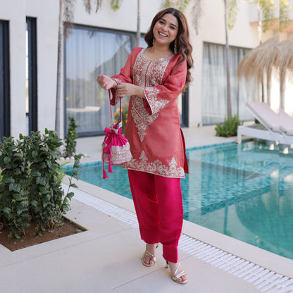 Rangeen Coral Rose Zari-Sequin Coding Embroidery Kurti Set with Potli