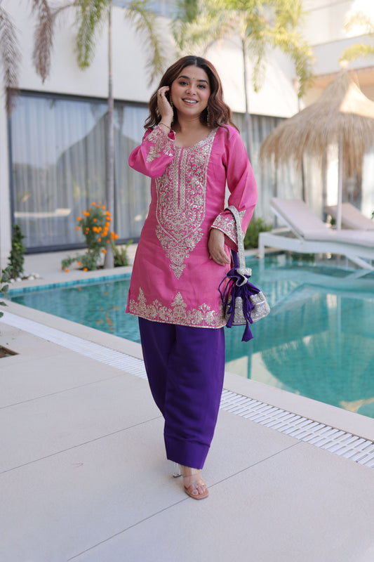 Rangeen Hot Pink Zari-Sequin Coding Embroidery Kurti Set with Potli