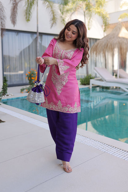 Rangeen Hot Pink Zari-Sequin Coding Embroidery Kurti Set with Potli