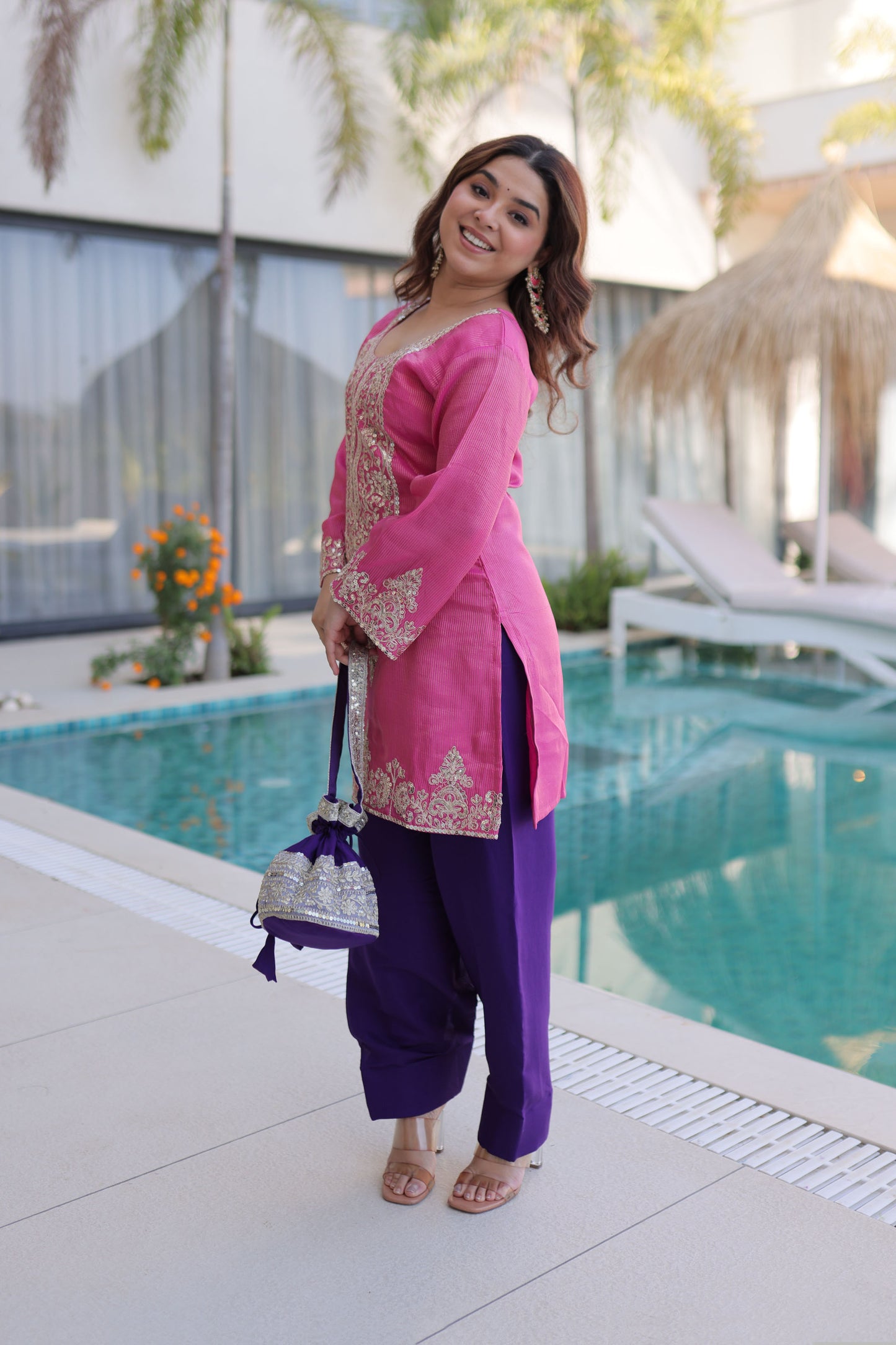 Rangeen Hot Pink Zari-Sequin Coding Embroidery Kurti Set with Potli