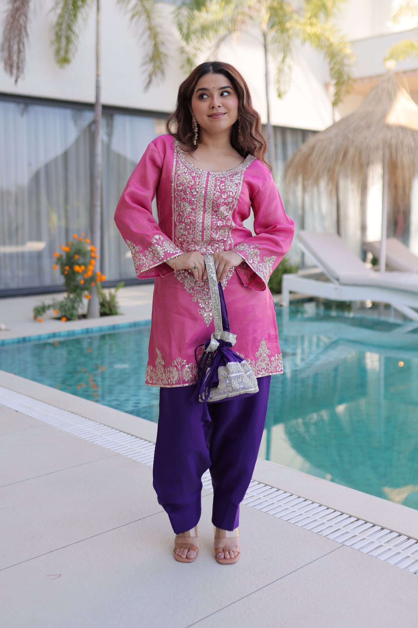 Rangeen Hot Pink Zari-Sequin Coding Embroidery Kurti Set with Potli