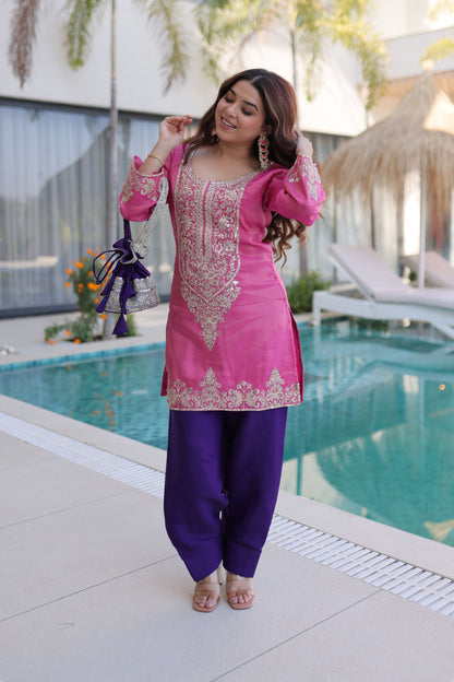 Rangeen Hot Pink Zari-Sequin Coding Embroidery Kurti Set with Potli