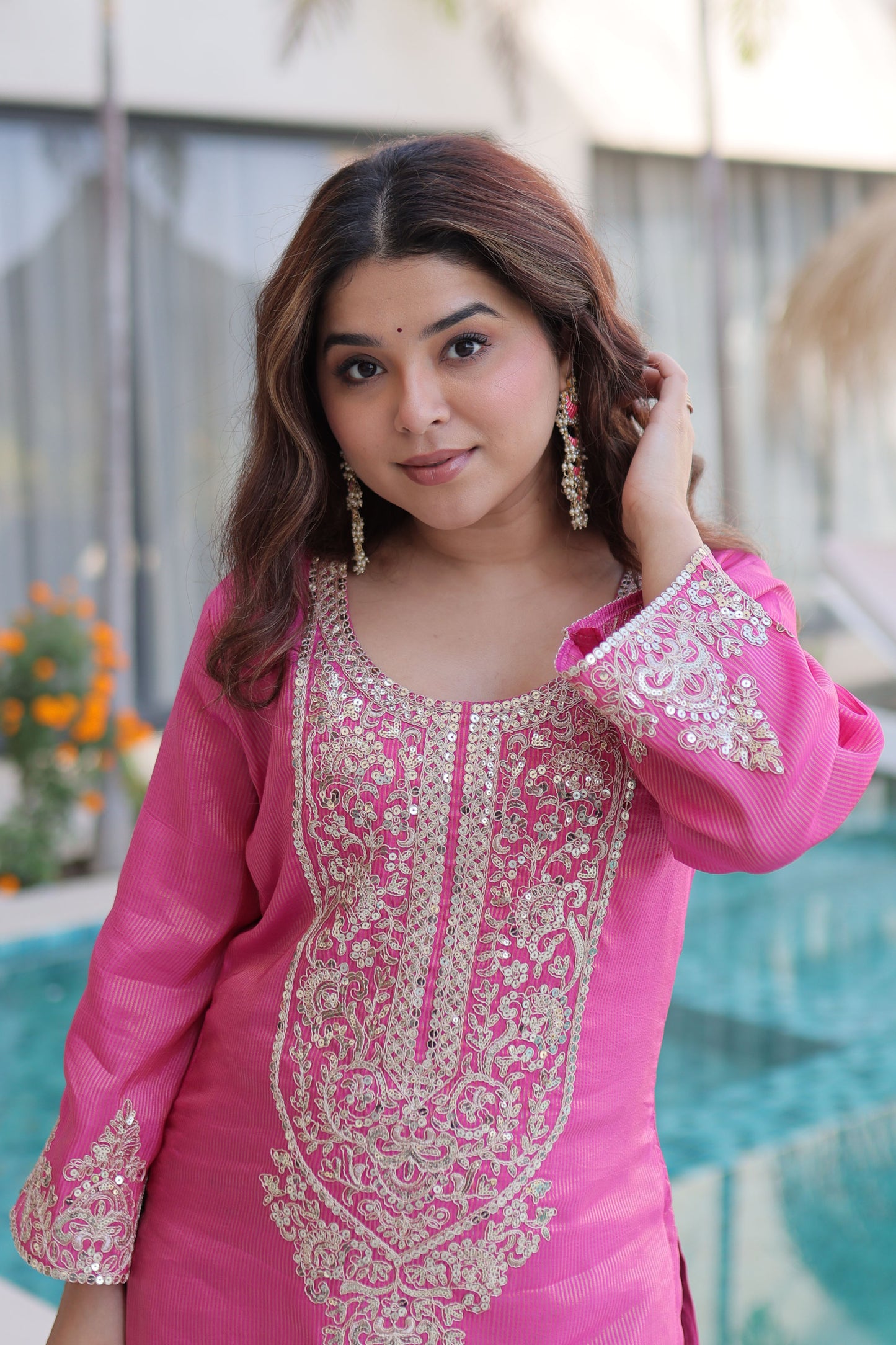 Rangeen Hot Pink Zari-Sequin Coding Embroidery Kurti Set with Potli