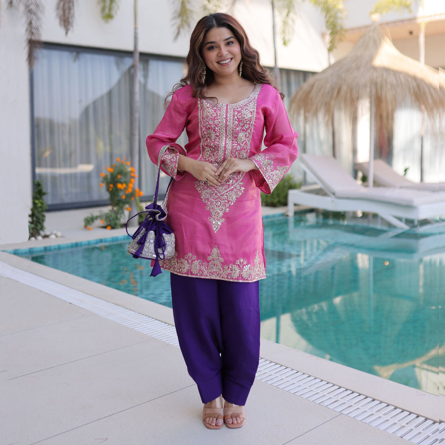 Rangeen Hot Pink Zari-Sequin Coding Embroidery Kurti Set with Potli