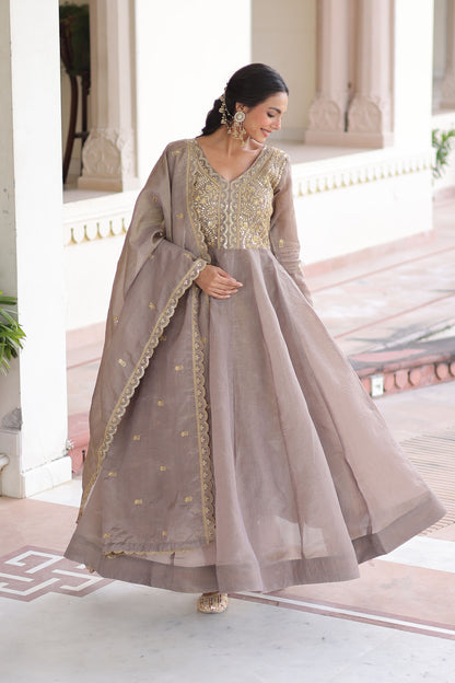 Roshan Warm Grey Gold Zari-Sequin Embroidered Gown with Dupatta