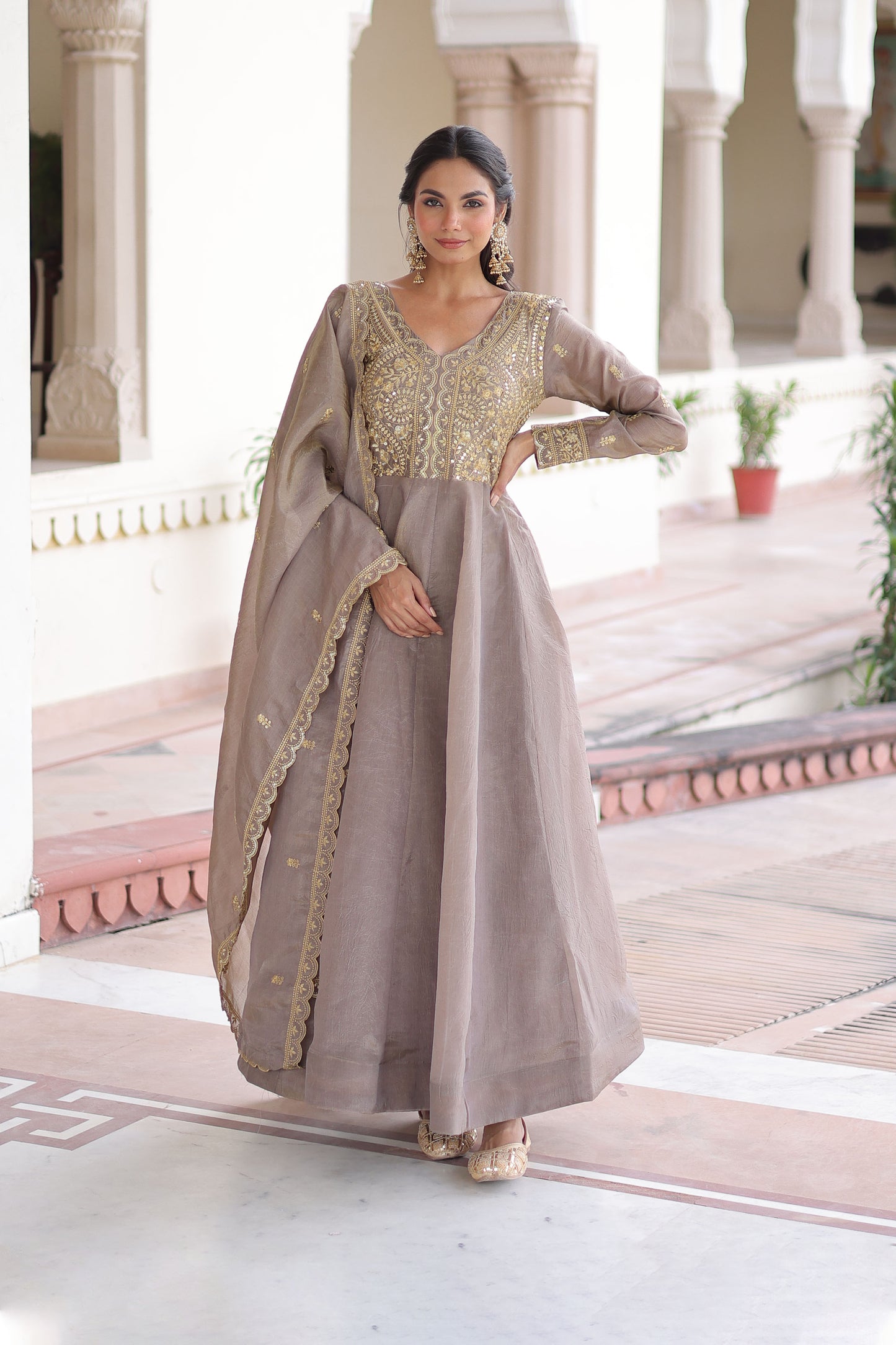 Roshan Warm Grey Gold Zari-Sequin Embroidered Gown with Dupatta