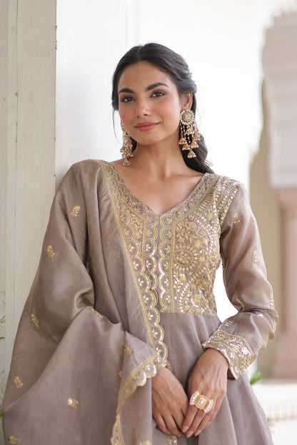 Roshan Warm Grey Gold Zari-Sequin Embroidered Gown with Dupatta