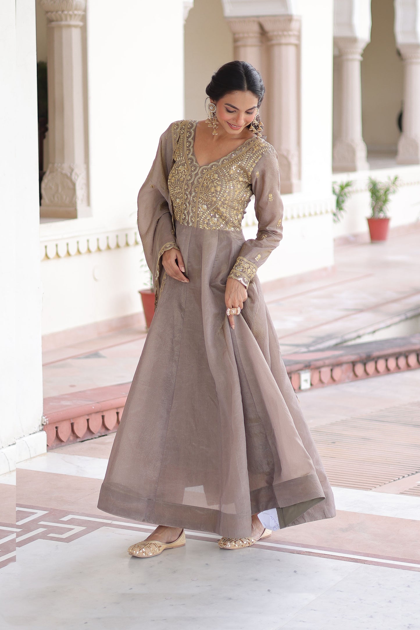 Roshan Warm Grey Gold Zari-Sequin Embroidered Gown with Dupatta