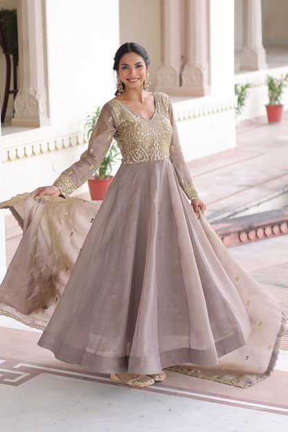 Roshan Warm Grey Gold Zari-Sequin Embroidered Gown with Dupatta