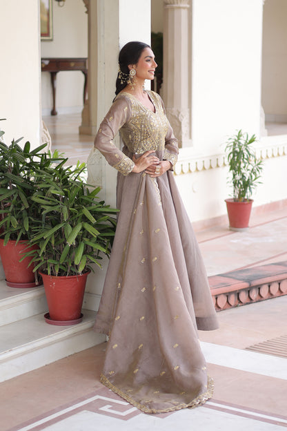 Roshan Warm Grey Gold Zari-Sequin Embroidered Gown with Dupatta