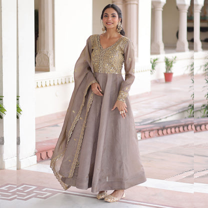 Roshan Warm Grey Gold Zari-Sequin Embroidered Gown with Dupatta