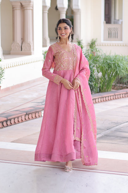 Roshan Rose Pink Gold Zari-Sequin Embroidered Gown with Dupatta