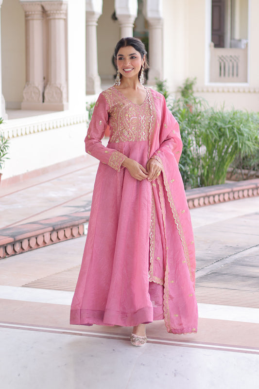 Roshan Rose Pink Gold Zari-Sequin Embroidered Gown with Dupatta