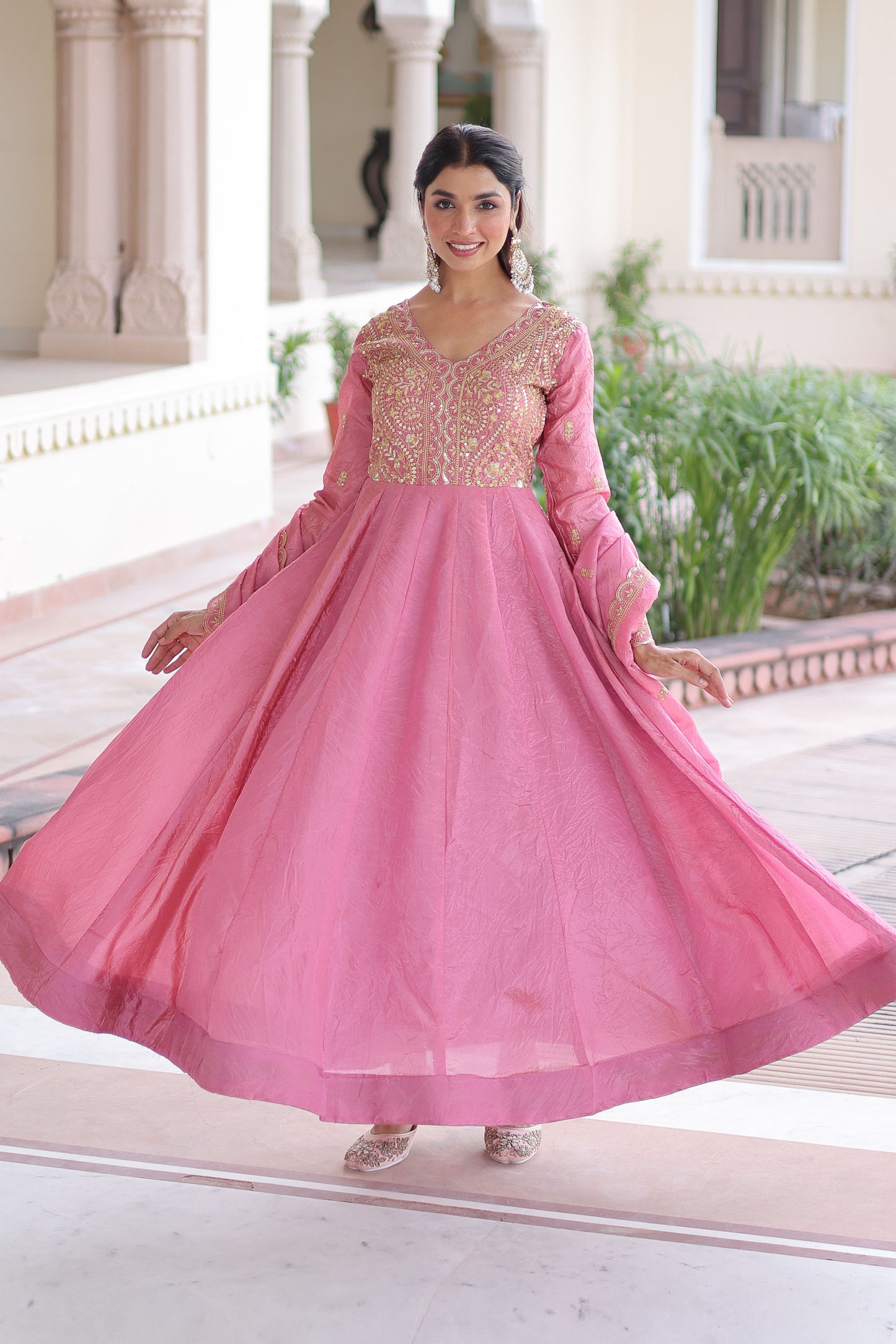 Roshan Rose Pink Gold Zari-Sequin Embroidered Gown with Dupatta