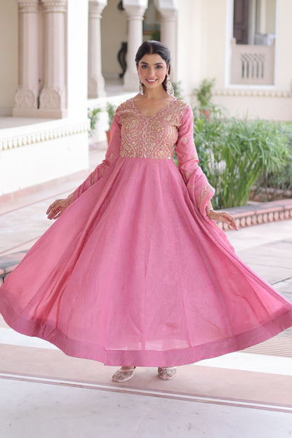 Roshan Rose Pink Gold Zari-Sequin Embroidered Gown with Dupatta