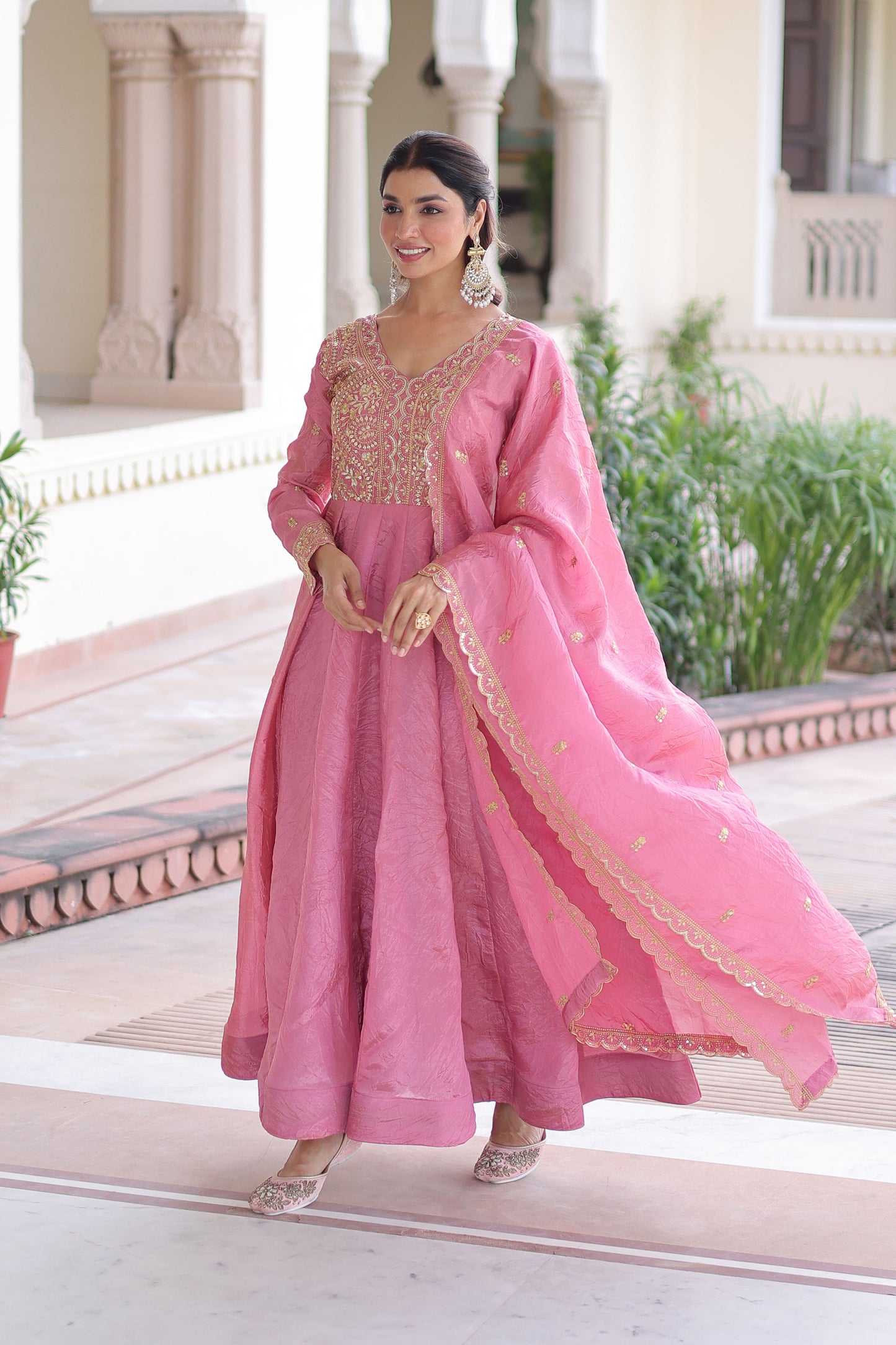 Roshan Rose Pink Gold Zari-Sequin Embroidered Gown with Dupatta
