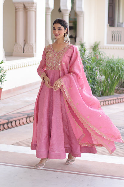 Roshan Rose Pink Gold Zari-Sequin Embroidered Gown with Dupatta