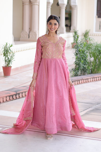 Roshan Rose Pink Gold Zari-Sequin Embroidered Gown with Dupatta