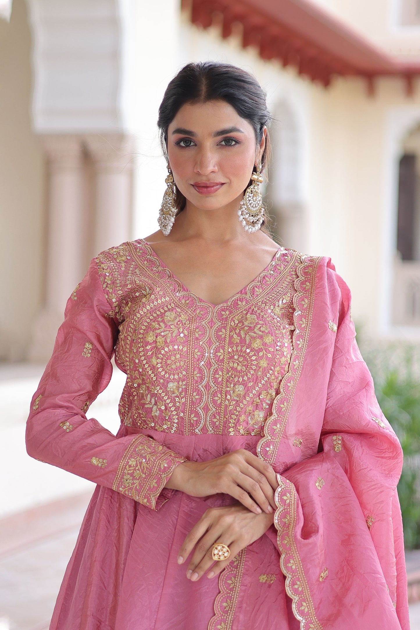 Roshan Rose Pink Gold Zari-Sequin Embroidered Gown with Dupatta