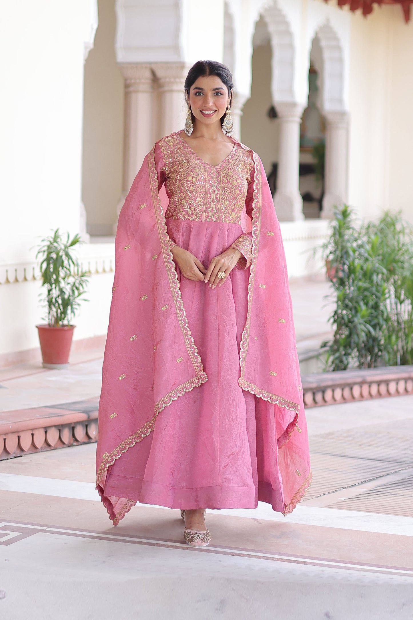 Roshan Rose Pink Gold Zari-Sequin Embroidered Gown with Dupatta