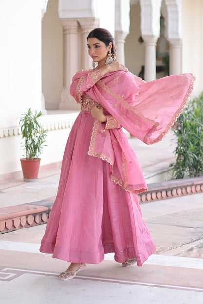 Roshan Rose Pink Gold Zari-Sequin Embroidered Gown with Dupatta