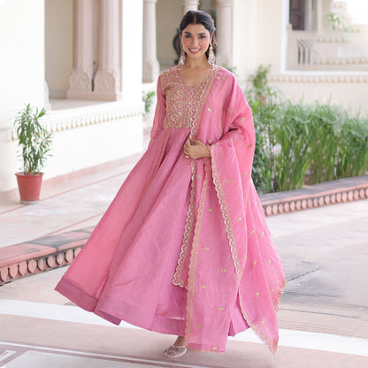Roshan Rose Pink Gold Zari-Sequin Embroidered Gown with Dupatta