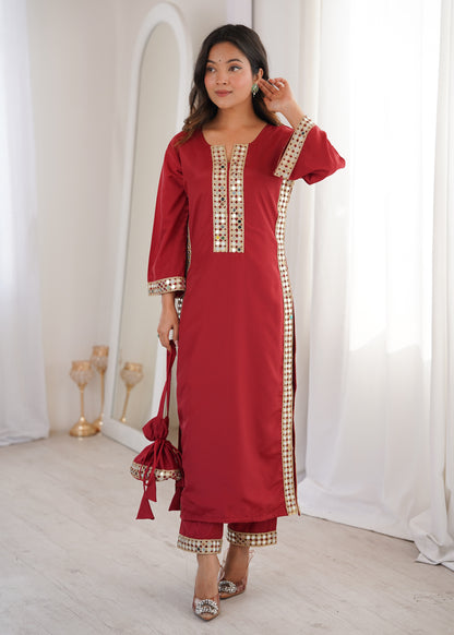 Aarohi Maroon Mirror-Work Straight Kurta Set with Potli