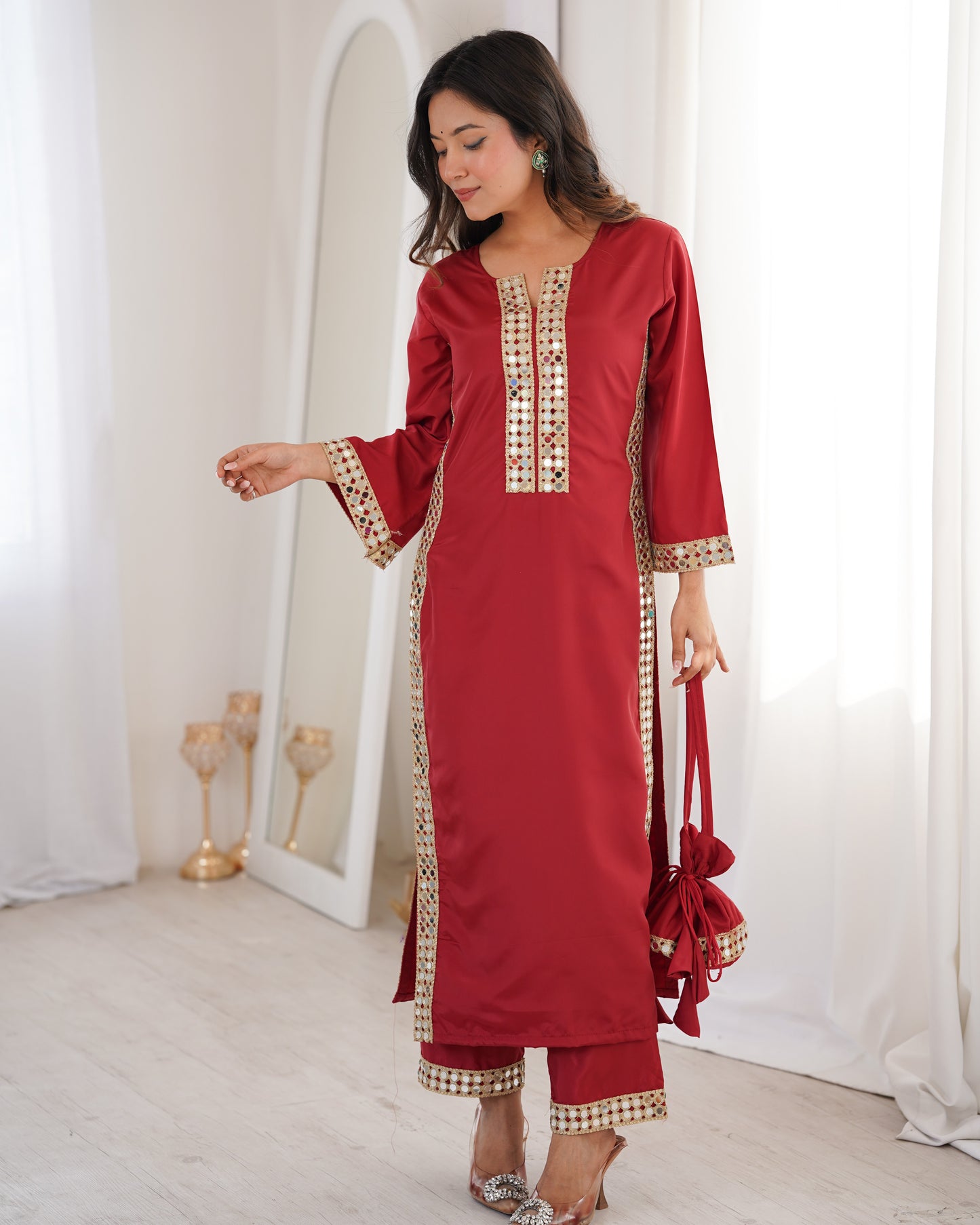 Aarohi Maroon Mirror-Work Straight Kurta Set with Potli