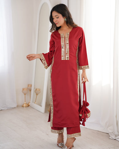 Aarohi Maroon Mirror-Work Straight Kurta Set with Potli