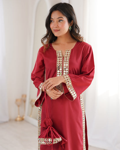 Aarohi Maroon Mirror-Work Straight Kurta Set with Potli