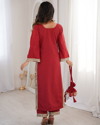 Aarohi Maroon Mirror-Work Straight Kurta Set with Potli